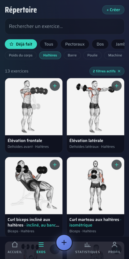 Catalogue de plus de 1 300 exercices de musculation illustrés, filtrés par muscle et par matériel
