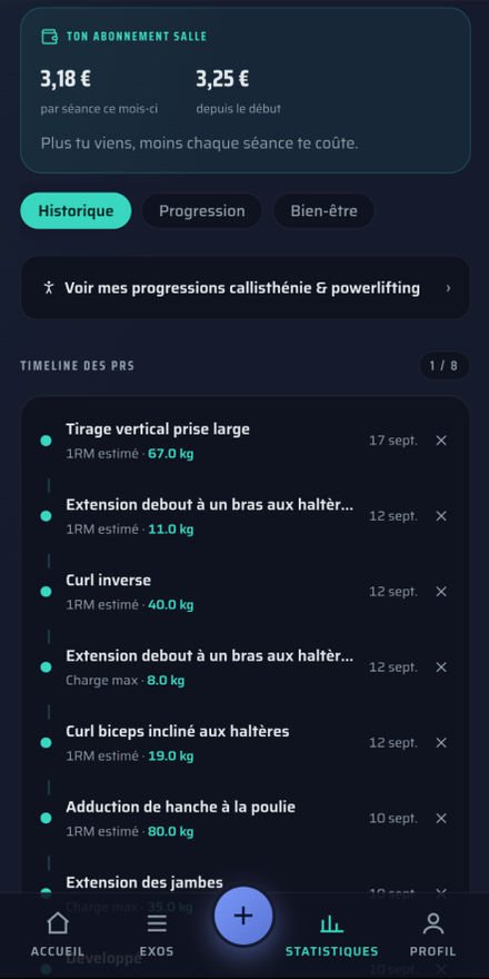 Historique des entraînements et timeline des records personnels avec 1RM estimé