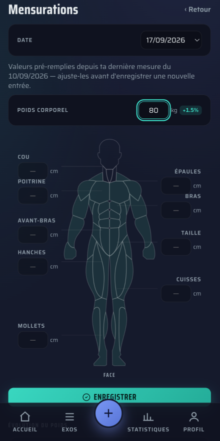 Saisie du poids corporel et des mensurations sur un schéma du corps