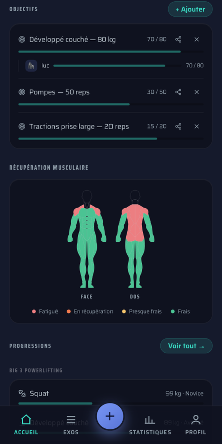 Objectifs de musculation partagés avec un ami et carte de récupération musculaire