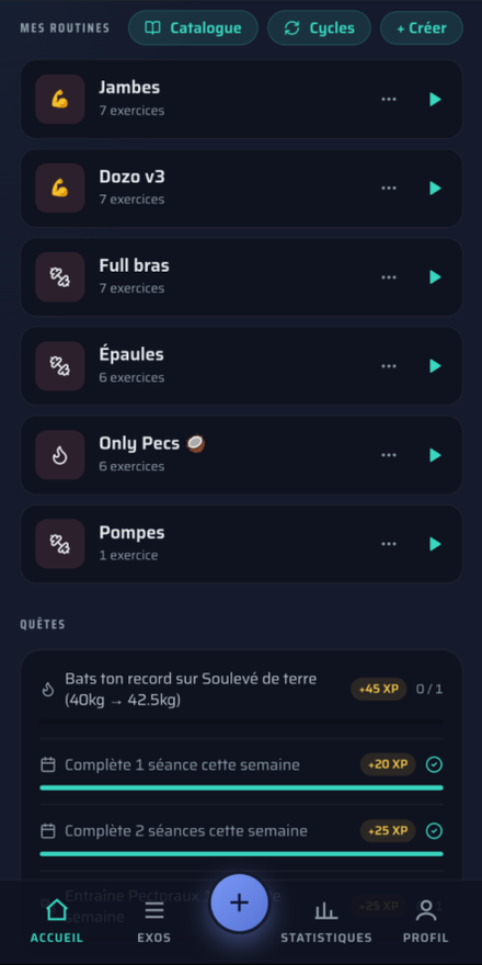 Liste des routines d'entraînement personnalisées et quêtes hebdomadaires rapportant de l'XP